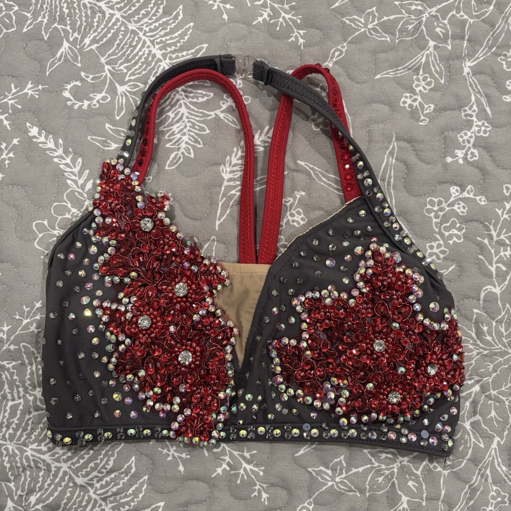 Glamour Costumes Top dance costume red gray lyrical embellished bling LC child
